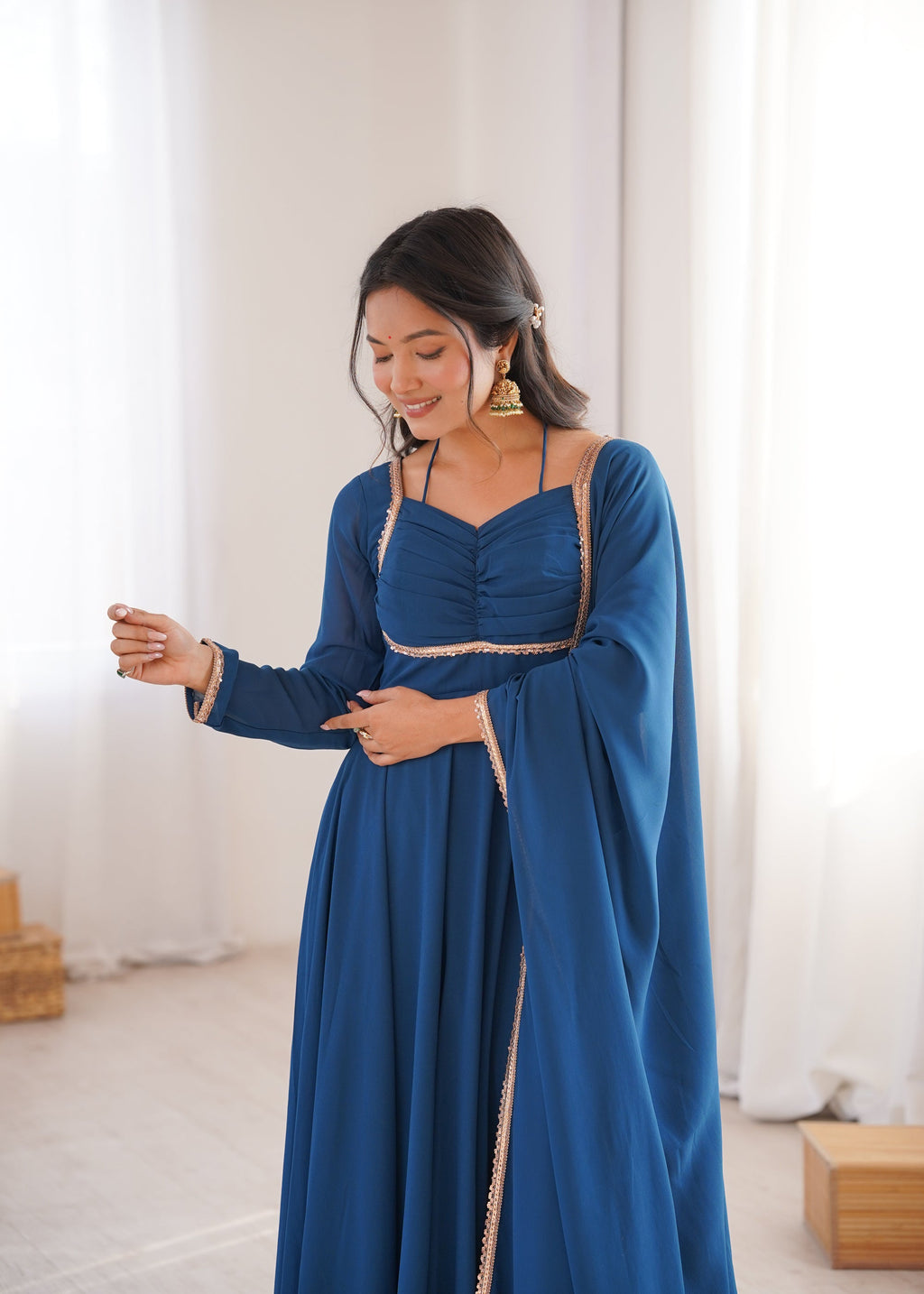 Lorenvalley Fashion Rama Faux Georgette Fancy Designer Yoke Dori Neck Anarkali Gown with Dupatta