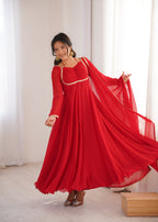Lorenvalley Fashion Red Faux Georgette Fancy Designer Yoke Dori Neck Anarkali Gown with Dupatta - Distacart