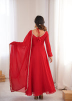 Lorenvalley Fashion Red Faux Georgette Fancy Designer Yoke Dori Neck Anarkali Gown with Dupatta - Distacart