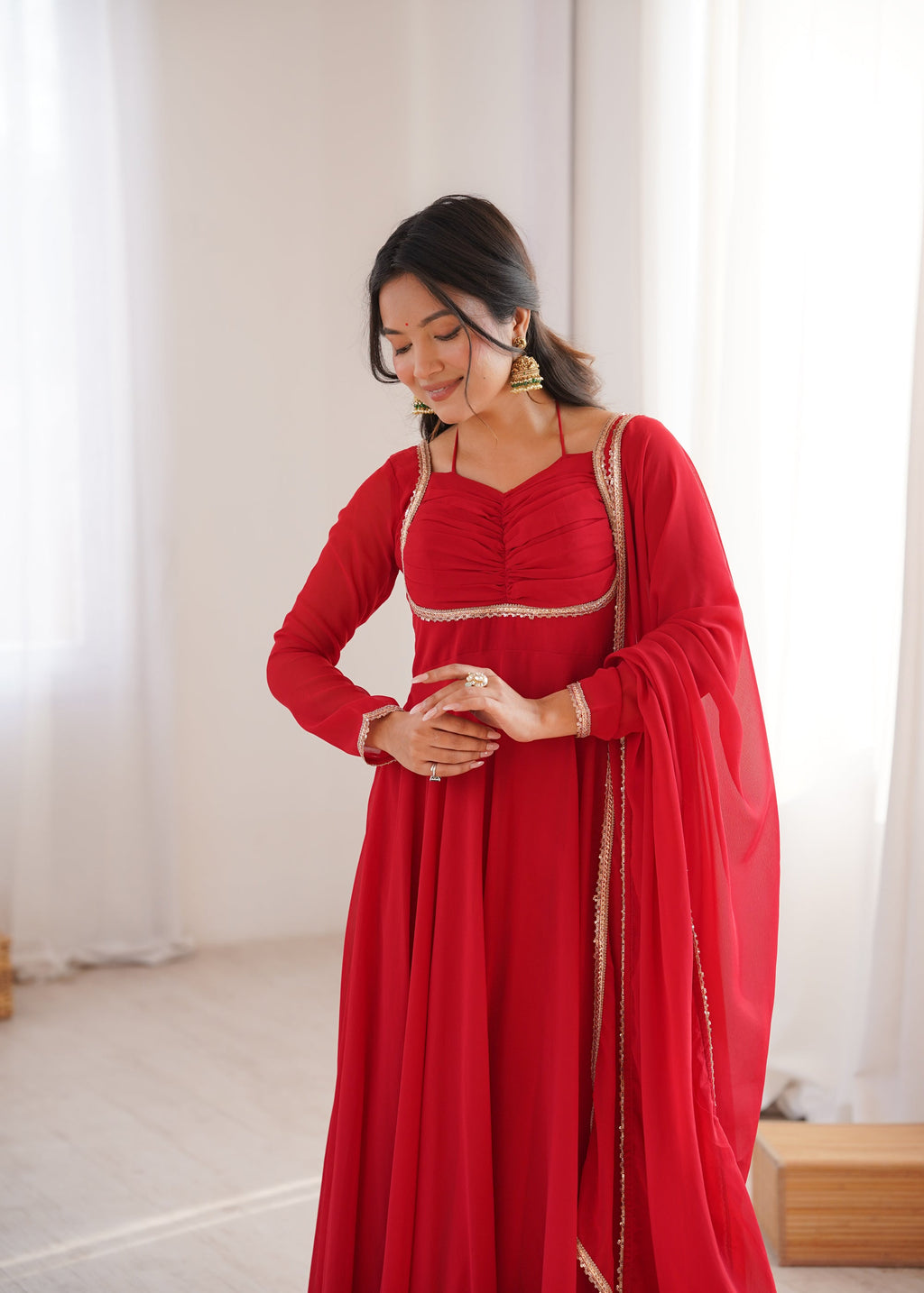 Lorenvalley Fashion Red Faux Georgette Fancy Designer Yoke Dori Neck Anarkali Gown with Dupatta - Distacart