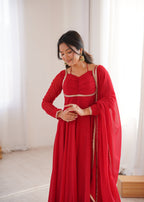 Lorenvalley Fashion Red Faux Georgette Fancy Designer Yoke Dori Neck Anarkali Gown with Dupatta - Distacart