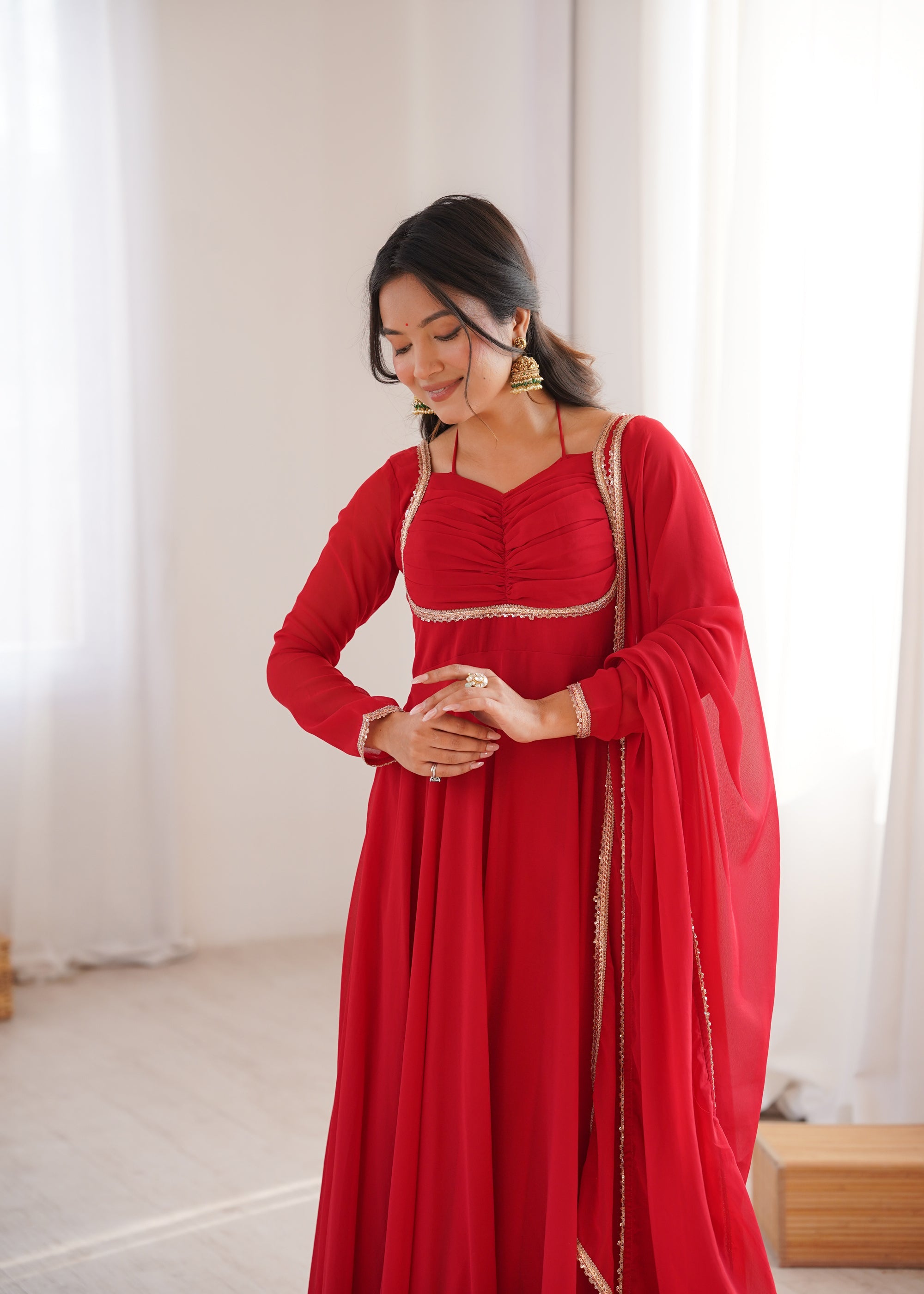 Lorenvalley Fashion Red Faux Georgette Fancy Designer Yoke Dori Neck Anarkali Gown with Dupatta - Distacart