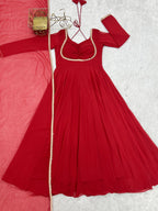 Lorenvalley Fashion Red Faux Georgette Fancy Designer Yoke Dori Neck Anarkali Gown with Dupatta - Distacart