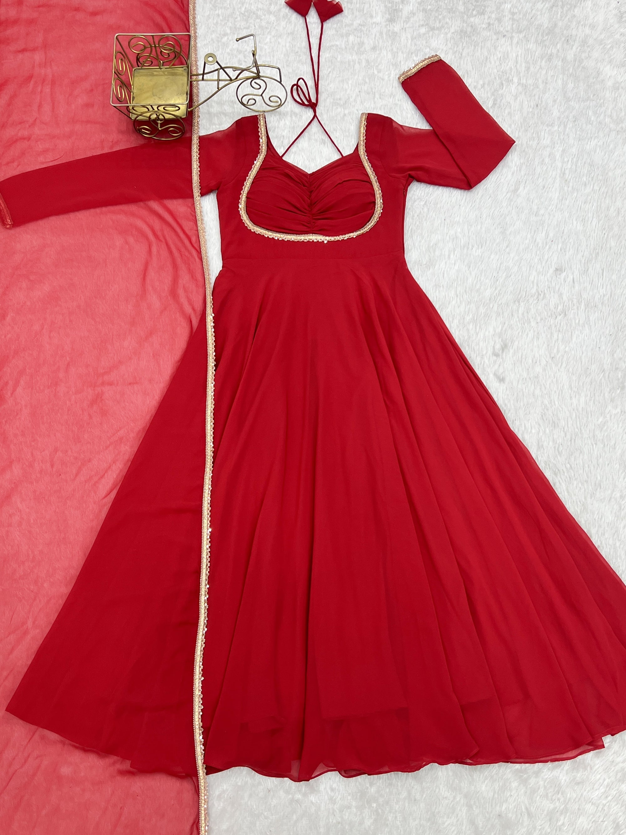 Lorenvalley Fashion Red Faux Georgette Fancy Designer Yoke Dori Neck Anarkali Gown with Dupatta - Distacart