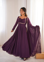 Lorenvalley Fashion Wine Faux Georgette Fancy Designer Yoke Dori Neck Anarkali Gown with Dupatta - Distacart