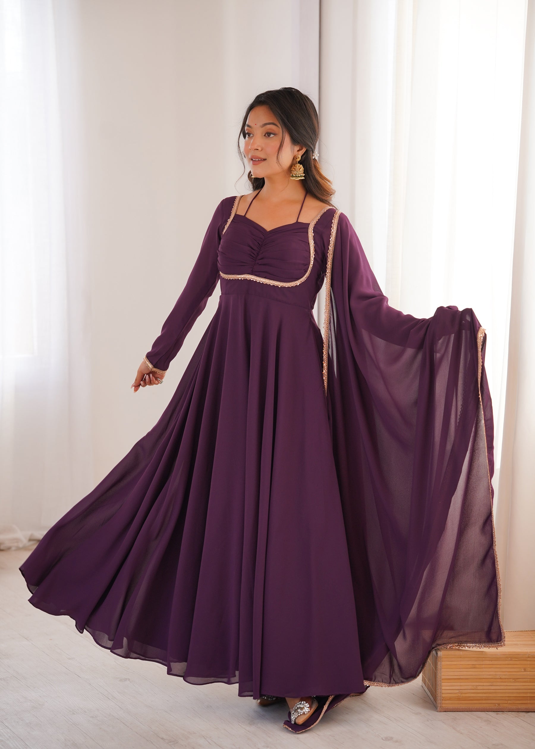 Lorenvalley Fashion Wine Faux Georgette Fancy Designer Yoke Dori Neck Anarkali Gown with Dupatta - Distacart
