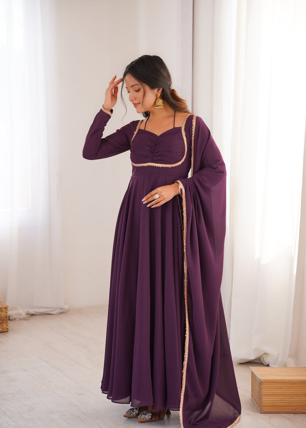 Lorenvalley Fashion Wine Faux Georgette Fancy Designer Yoke Dori Neck Anarkali Gown with Dupatta - Distacart