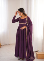 Lorenvalley Fashion Wine Faux Georgette Fancy Designer Yoke Dori Neck Anarkali Gown with Dupatta - Distacart