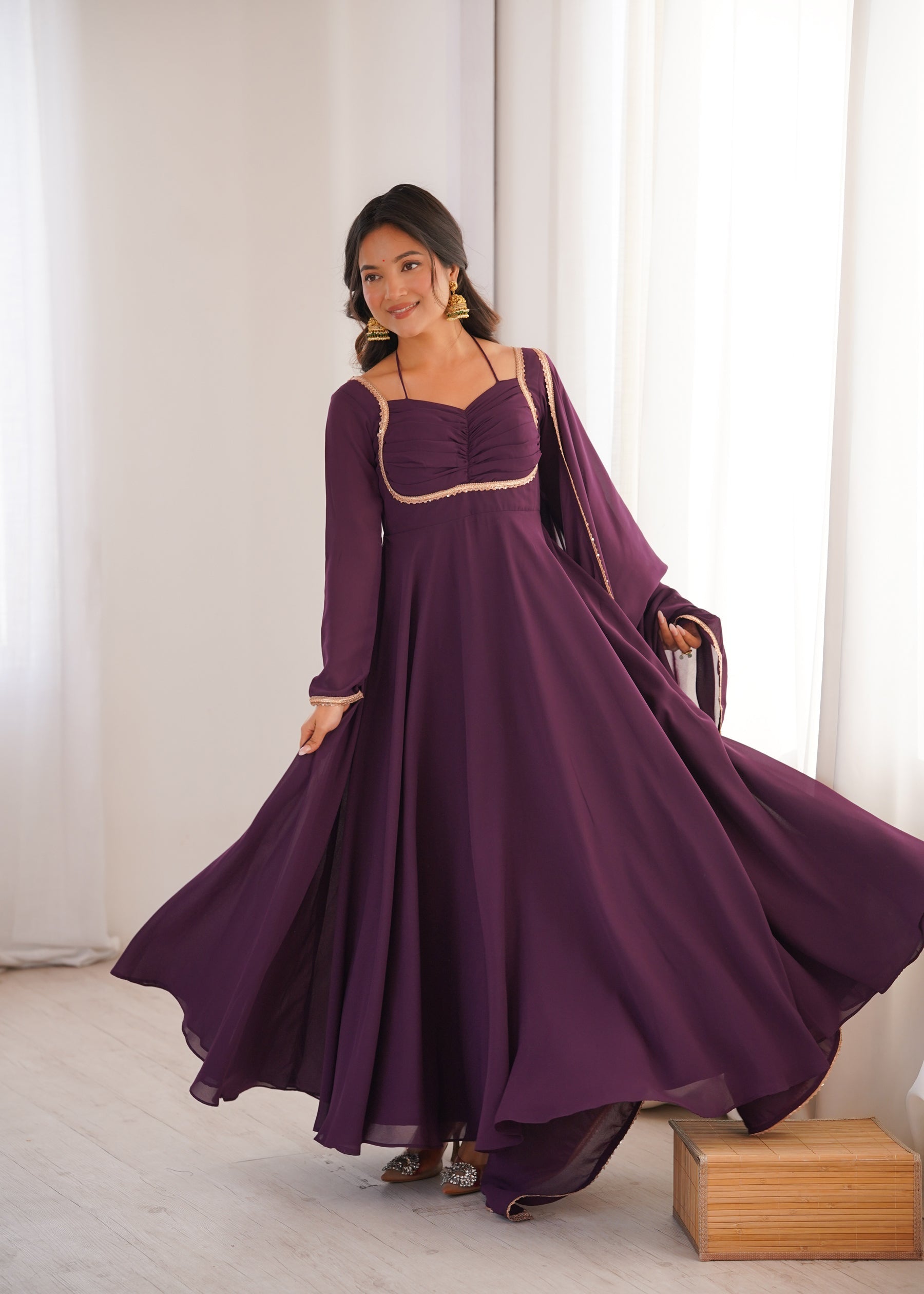 Lorenvalley Fashion Wine Faux Georgette Fancy Designer Yoke Dori Neck Anarkali Gown with Dupatta - Distacart