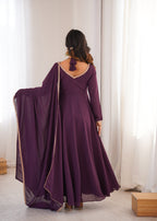Lorenvalley Fashion Wine Faux Georgette Fancy Designer Yoke Dori Neck Anarkali Gown with Dupatta - Distacart