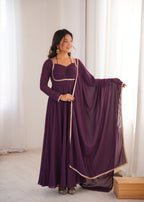 Lorenvalley Fashion Wine Faux Georgette Fancy Designer Yoke Dori Neck Anarkali Gown with Dupatta - Distacart