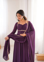Lorenvalley Fashion Wine Faux Georgette Fancy Designer Yoke Dori Neck Anarkali Gown with Dupatta - Distacart
