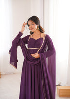 Lorenvalley Fashion Wine Faux Georgette Fancy Designer Yoke Dori Neck Anarkali Gown with Dupatta - Distacart