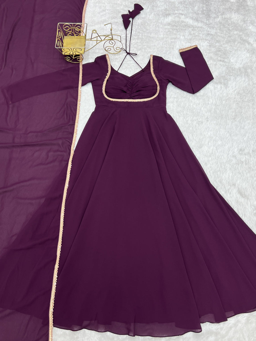 Lorenvalley Fashion Wine Faux Georgette Fancy Designer Yoke Dori Neck Anarkali Gown with Dupatta - Distacart