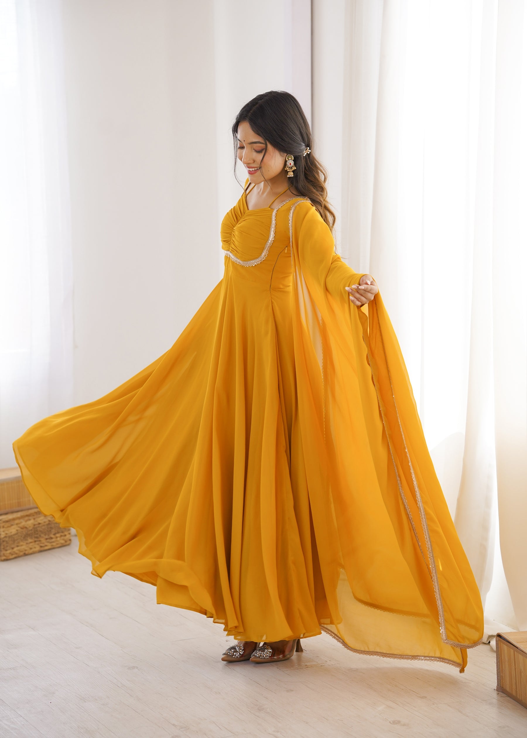 Lorenvalley Fashion Yellow Faux Georgette Fancy Designer Yoke Dori Neck Anarkali Gown with Dupatta - Distacart