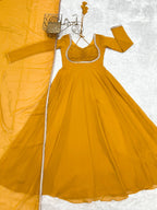 Lorenvalley Fashion Yellow Faux Georgette Fancy Designer Yoke Dori Neck Anarkali Gown with Dupatta - Distacart