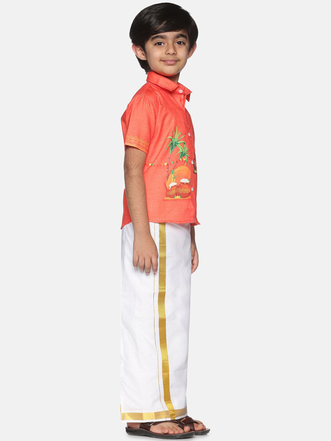 Sethukrishna Boys Orange & White Printed Shirt