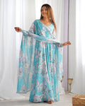 Lorenvalley Fashion Sky Blue Faux Georgette Floral Print 7 Meter Anarkali Gown with Dupatta