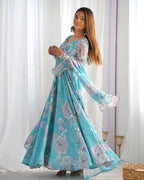 Lorenvalley Fashion Sky Blue Faux Georgette Floral Print 7 Meter Anarkali Gown with Dupatta