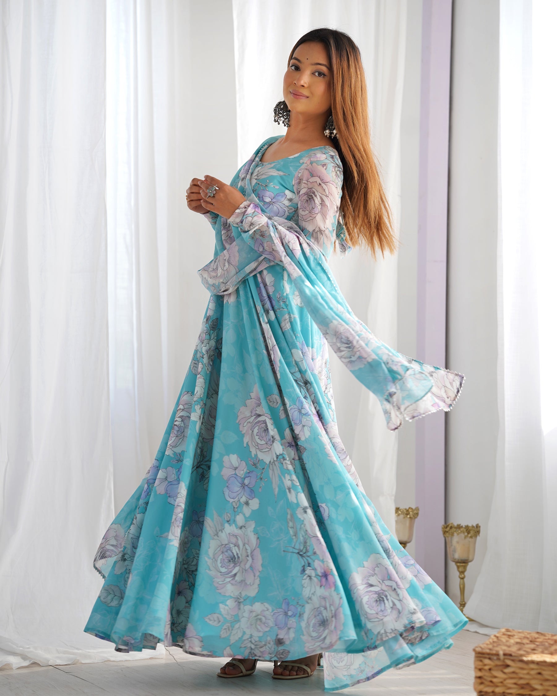 Lorenvalley Fashion Sky Blue Faux Georgette Floral Print 7 Meter Anarkali Gown with Dupatta