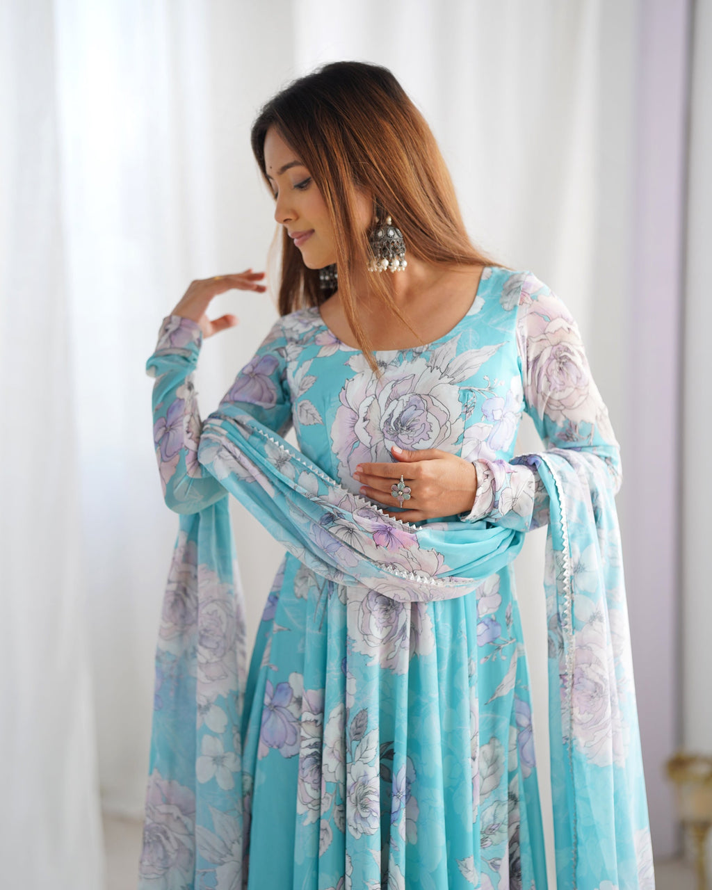 Lorenvalley Fashion Sky Blue Faux Georgette Floral Print 7 Meter Anarkali Gown with Dupatta