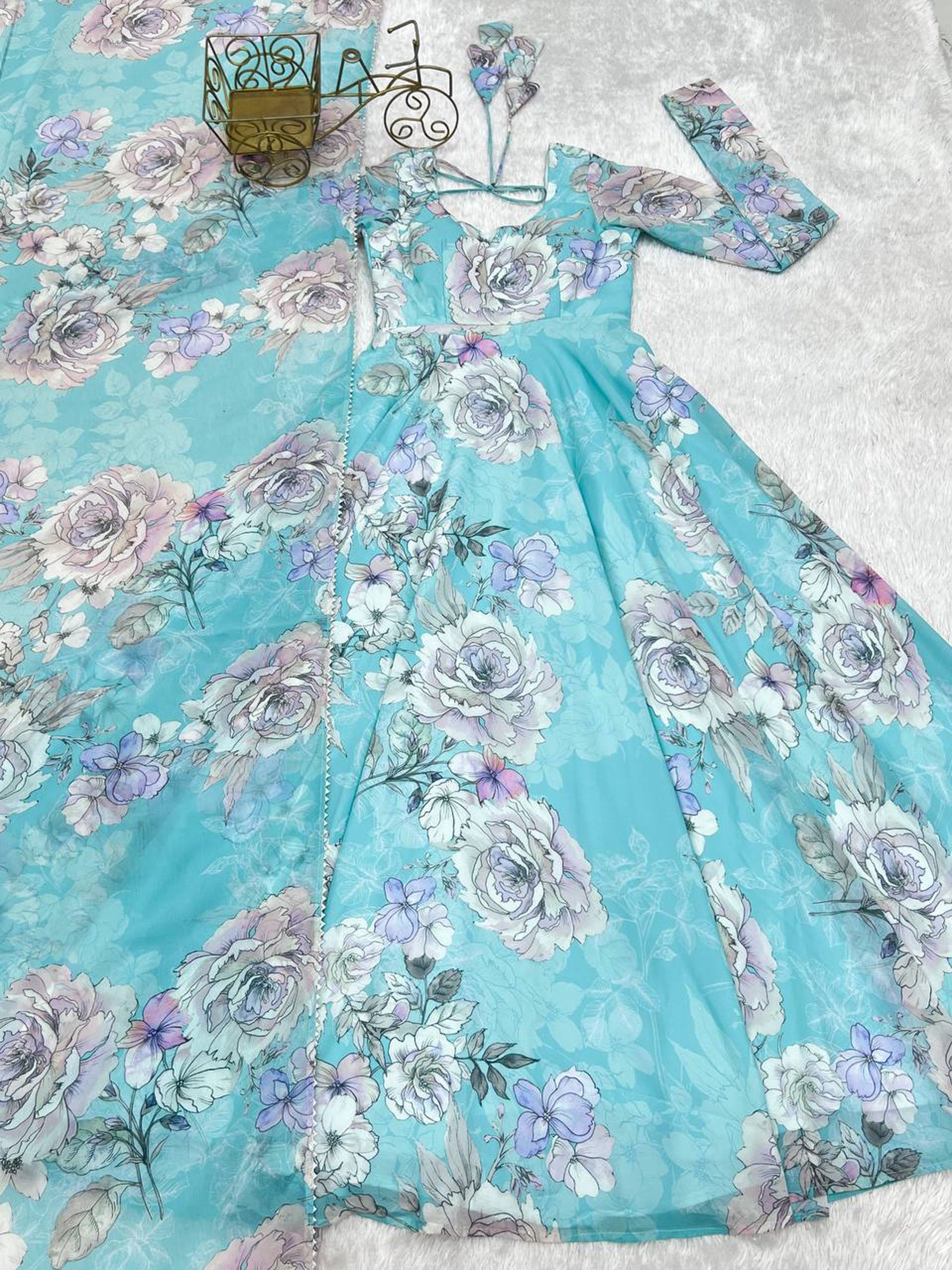 Lorenvalley Fashion Sky Blue Faux Georgette Floral Print 7 Meter Anarkali Gown with Dupatta