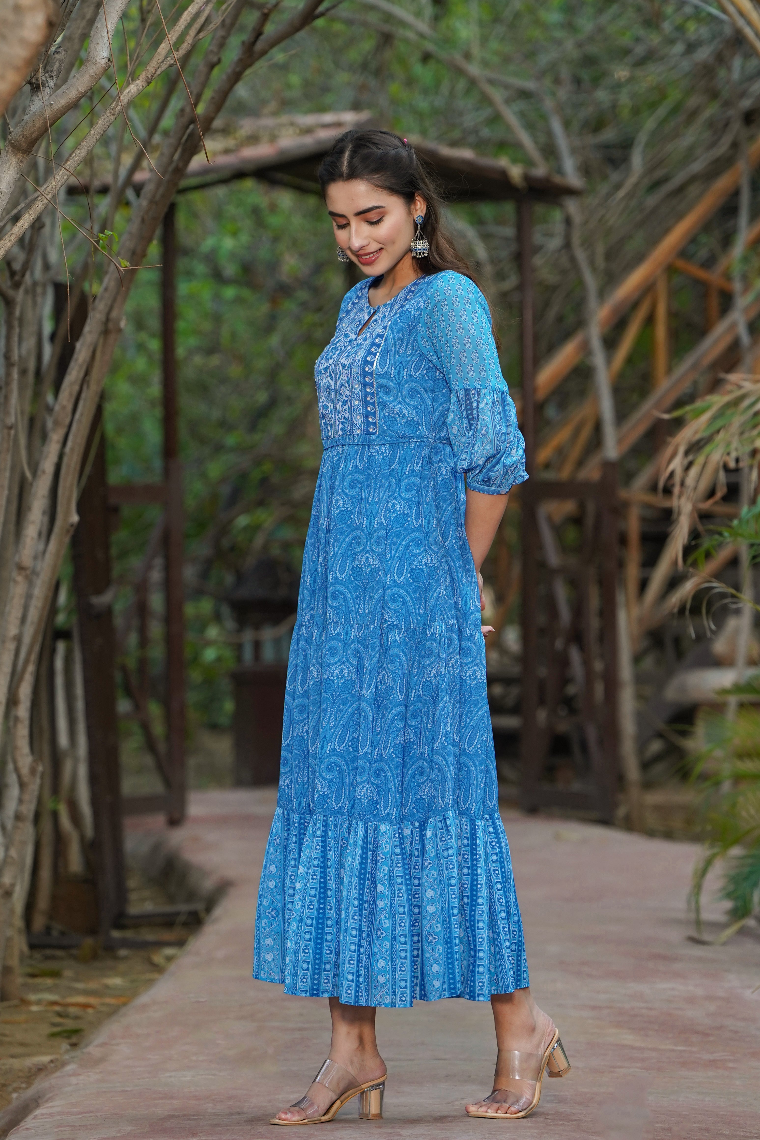 Juniper Womens Blue Georgette Floral Printed Tiered Dress - Distacart