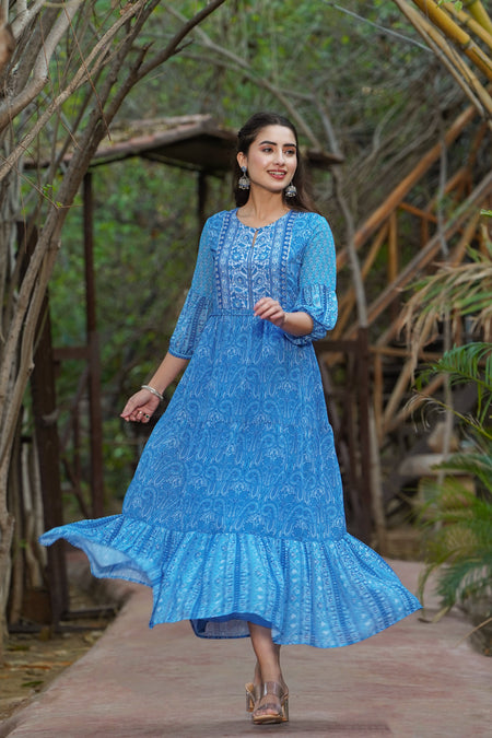 Juniper Womens Blue Georgette Floral Printed Tiered Dress