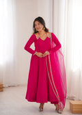 Lorenvalley Fashion Magenta Roman Silk Chanderi Yoke Fancy Lace Pattern Anarkali Gown Pant With Dupatta - Distacart