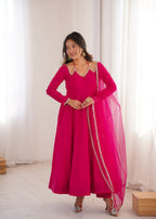 Lorenvalley Fashion Magenta Roman Silk Chanderi Yoke Fancy Lace Pattern Anarkali Gown Pant With Dupatta - Distacart