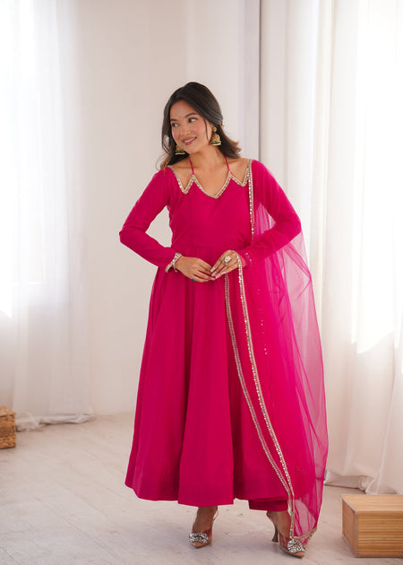 Lorenvalley Fashion Magenta Roman Silk Chanderi Yoke Fancy Lace Pattern Anarkali Gown Pant With Dupatta