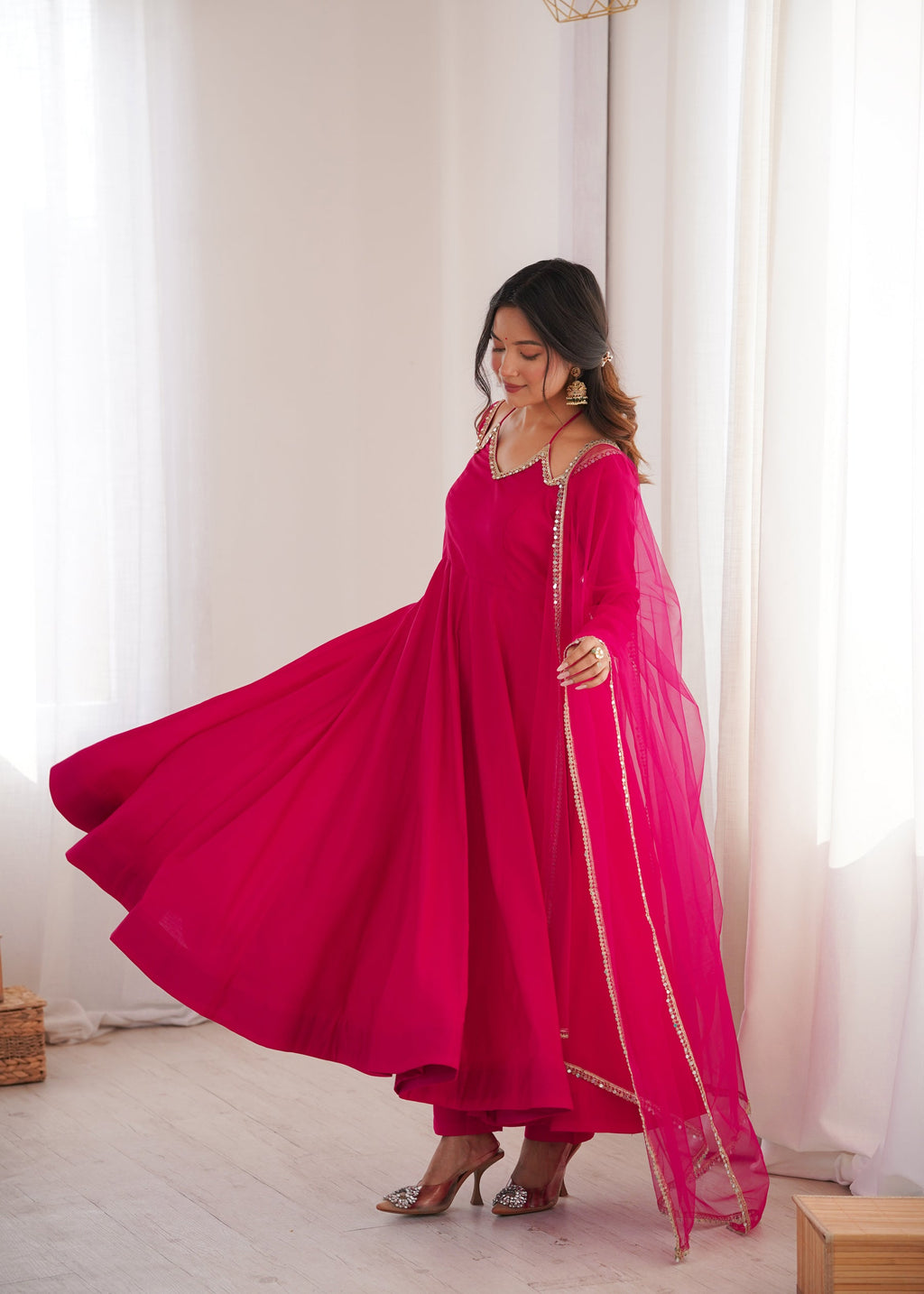 Lorenvalley Fashion Magenta Roman Silk Chanderi Yoke Fancy Lace Pattern Anarkali Gown Pant With Dupatta - Distacart