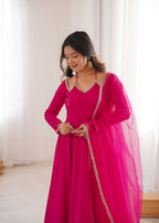 Lorenvalley Fashion Magenta Roman Silk Chanderi Yoke Fancy Lace Pattern Anarkali Gown Pant With Dupatta - Distacart