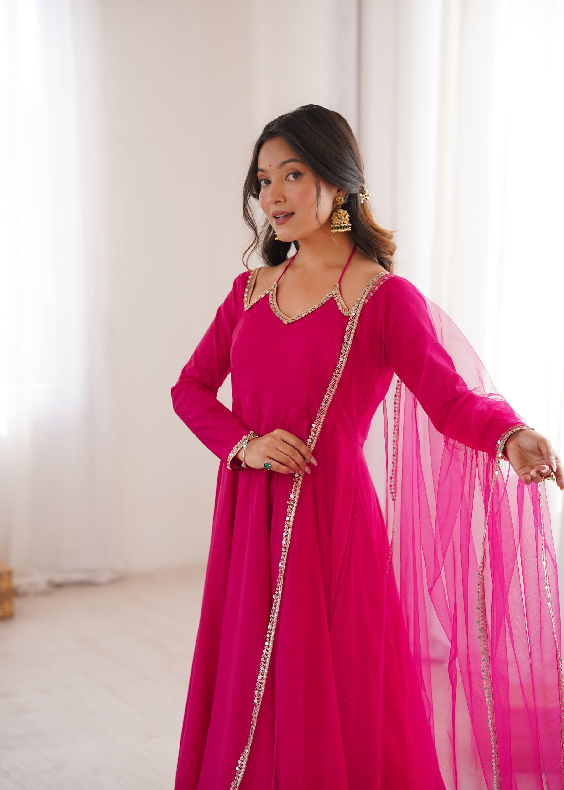 Lorenvalley Fashion Magenta Roman Silk Chanderi Yoke Fancy Lace Pattern Anarkali Gown Pant With Dupatta - Distacart