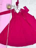 Lorenvalley Fashion Magenta Roman Silk Chanderi Yoke Fancy Lace Pattern Anarkali Gown Pant With Dupatta - Distacart
