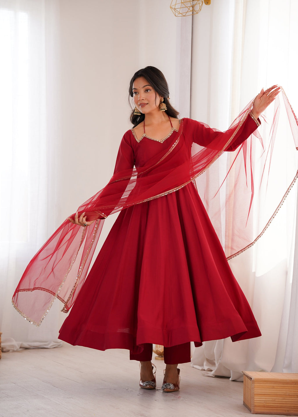 Lorenvalley Fashion Maroon Roman Silk Chanderi Yoke Fancy Lace Pattern Anarkali Gown Pant With Dupatta - Distacart