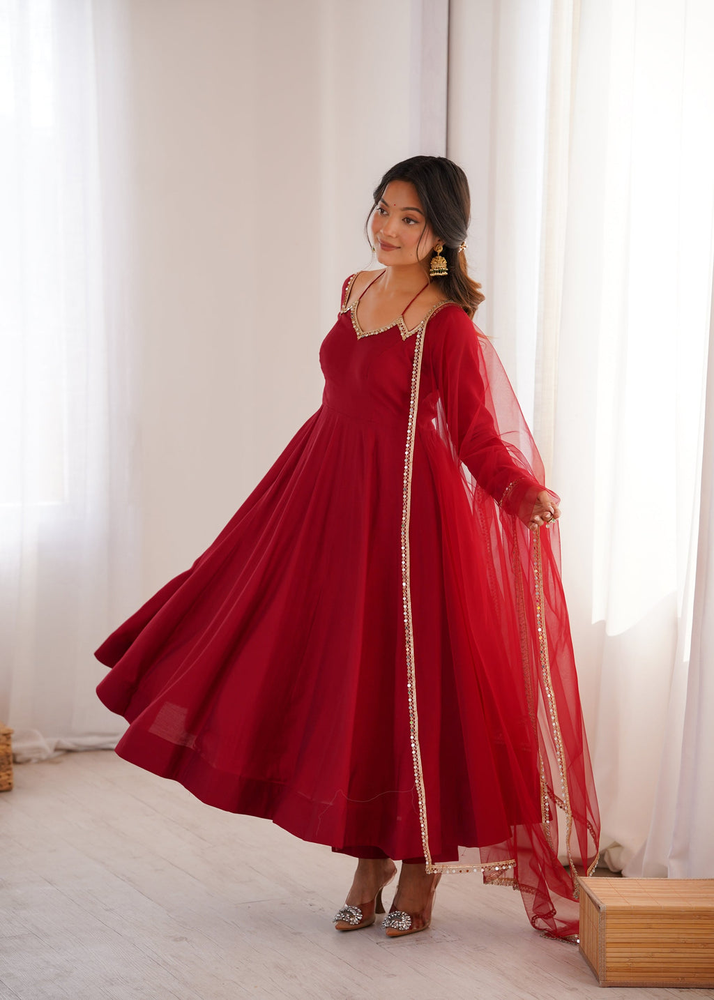 Lorenvalley Fashion Maroon Roman Silk Chanderi Yoke Fancy Lace Pattern Anarkali Gown Pant With Dupatta - Distacart