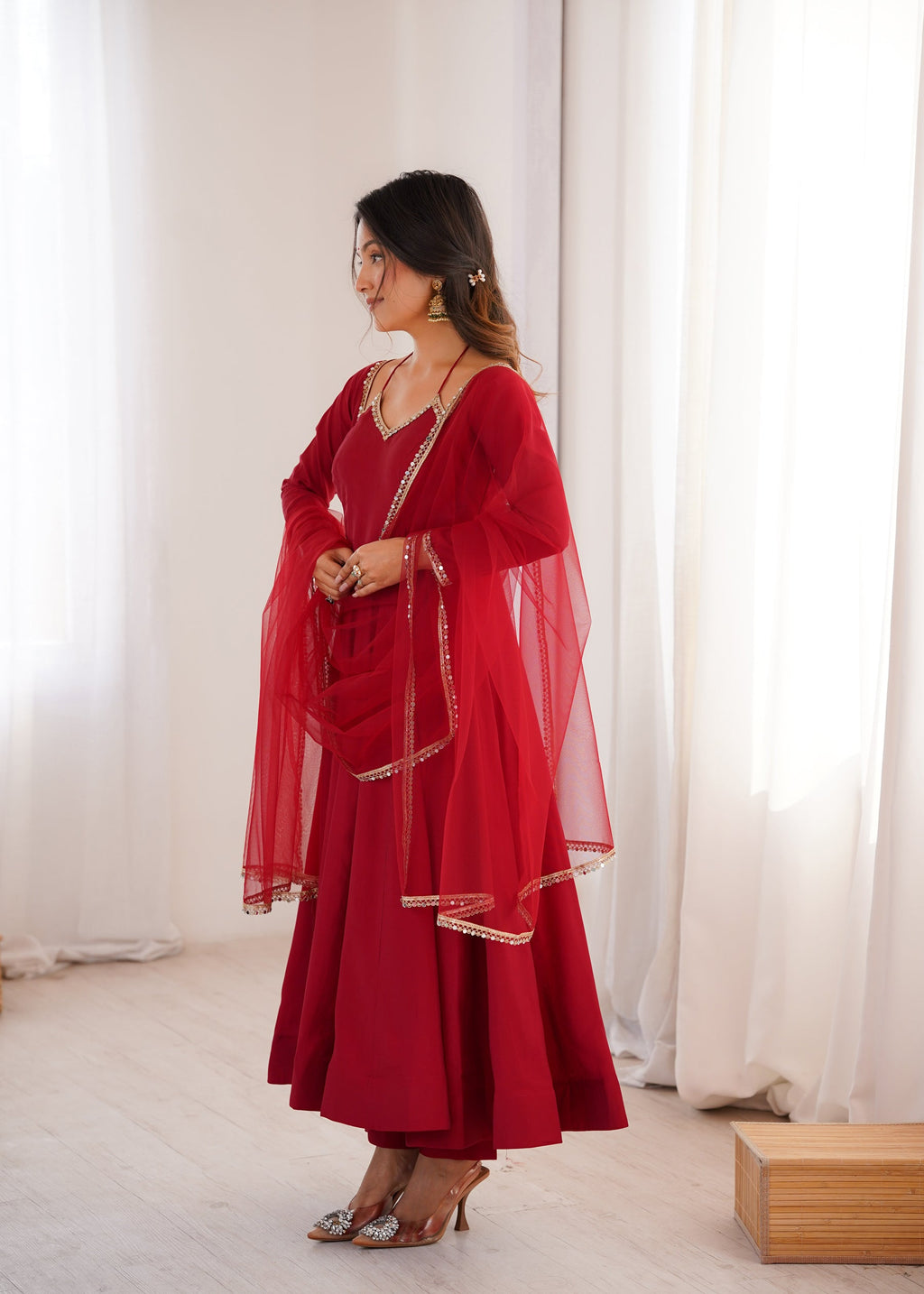 Lorenvalley Fashion Maroon Roman Silk Chanderi Yoke Fancy Lace Pattern Anarkali Gown Pant With Dupatta - Distacart