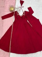 Lorenvalley Fashion Maroon Roman Silk Chanderi Yoke Fancy Lace Pattern Anarkali Gown Pant With Dupatta - Distacart