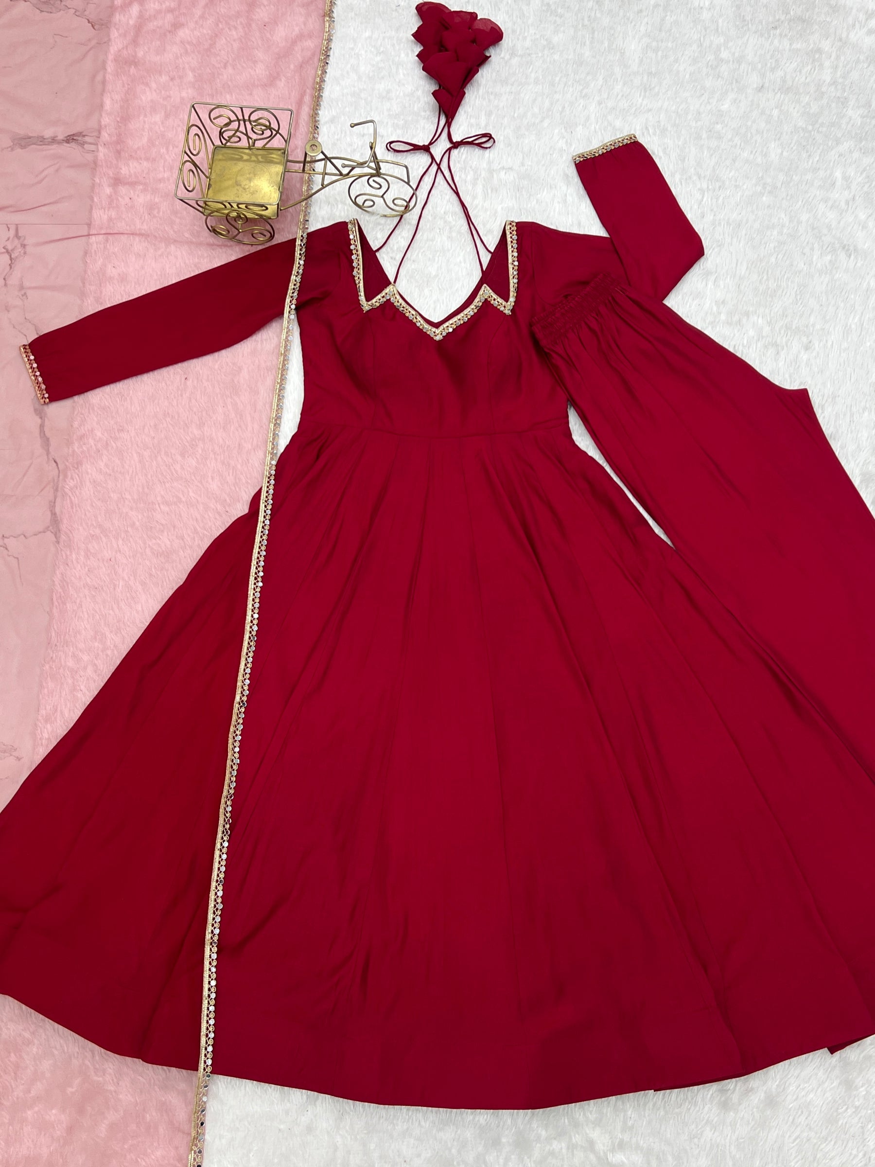 Lorenvalley Fashion Maroon Roman Silk Chanderi Yoke Fancy Lace Pattern Anarkali Gown Pant With Dupatta - Distacart