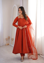 Lorenvalley Fashion Rust Romansilk Chanderi Yoke Fancy Lace Pattern Anarkali Gown Pant with Dupatta - Distacart