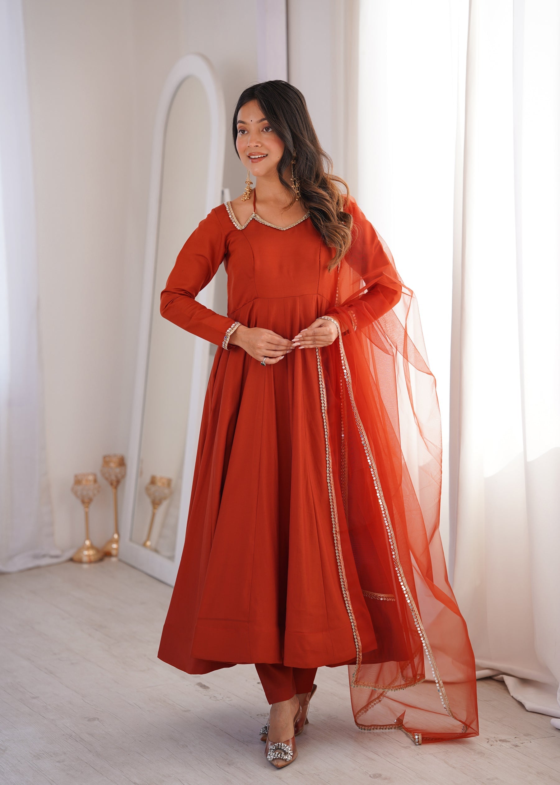 Lorenvalley Fashion Rust Romansilk Chanderi Yoke Fancy Lace Pattern Anarkali Gown Pant with Dupatta - Distacart