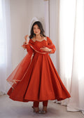 Lorenvalley Fashion Rust Romansilk Chanderi Yoke Fancy Lace Pattern Anarkali Gown Pant with Dupatta - Distacart