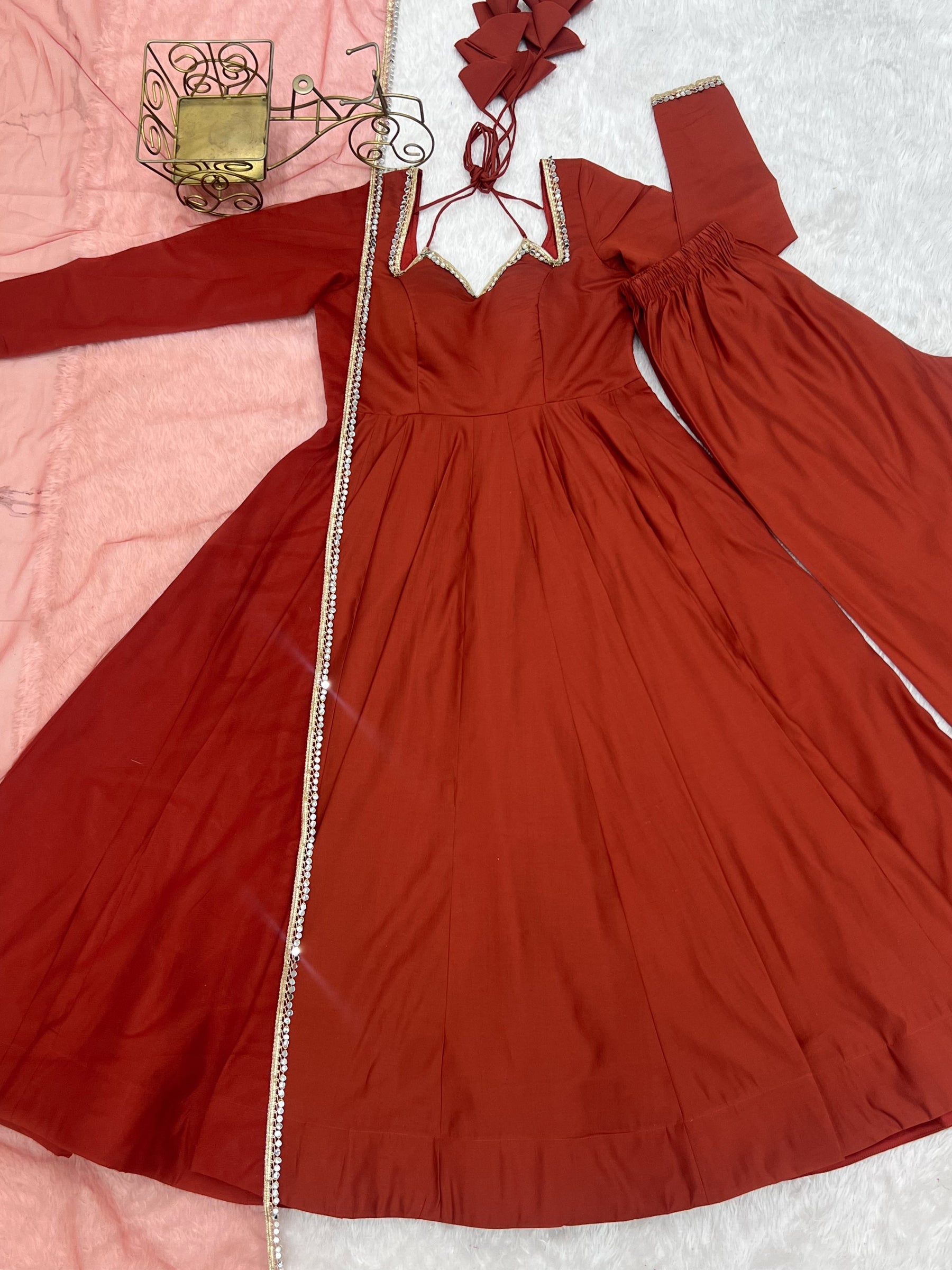 Lorenvalley Fashion Rust Romansilk Chanderi Yoke Fancy Lace Pattern Anarkali Gown Pant with Dupatta - Distacart