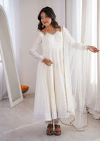 Lorenvalley Fashion White Romansilk Chanderi Yoke Fancy Lace Pattern Anarkali Gown Pant with Dupatta - Distacart
