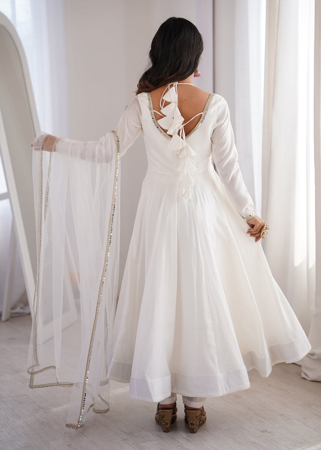 Lorenvalley Fashion White Romansilk Chanderi Yoke Fancy Lace Pattern Anarkali Gown Pant with Dupatta - Distacart