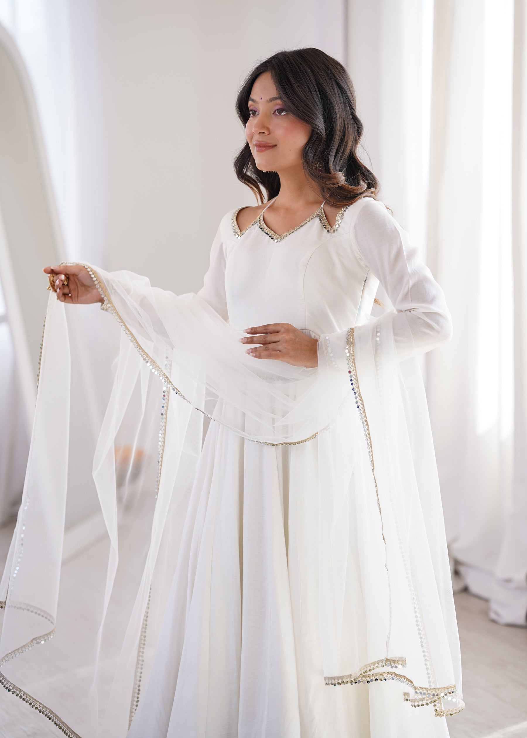 Lorenvalley Fashion White Romansilk Chanderi Yoke Fancy Lace Pattern Anarkali Gown Pant with Dupatta - Distacart