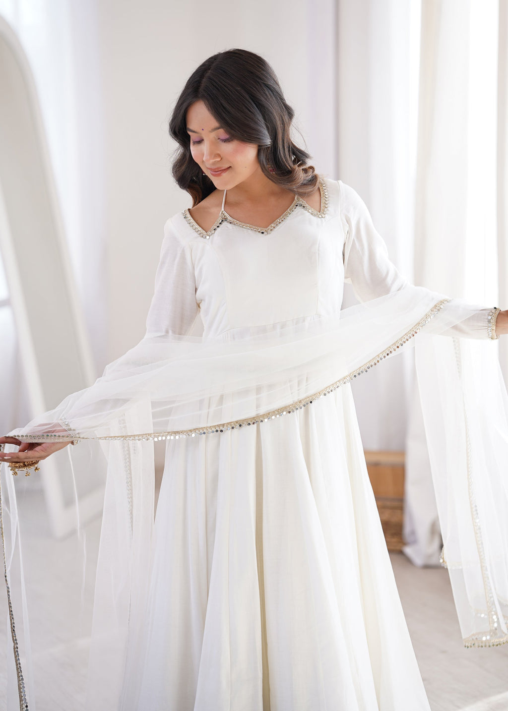 Lorenvalley Fashion White Romansilk Chanderi Yoke Fancy Lace Pattern Anarkali Gown Pant with Dupatta - Distacart
