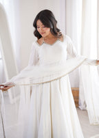 Lorenvalley Fashion White Romansilk Chanderi Yoke Fancy Lace Pattern Anarkali Gown Pant with Dupatta - Distacart