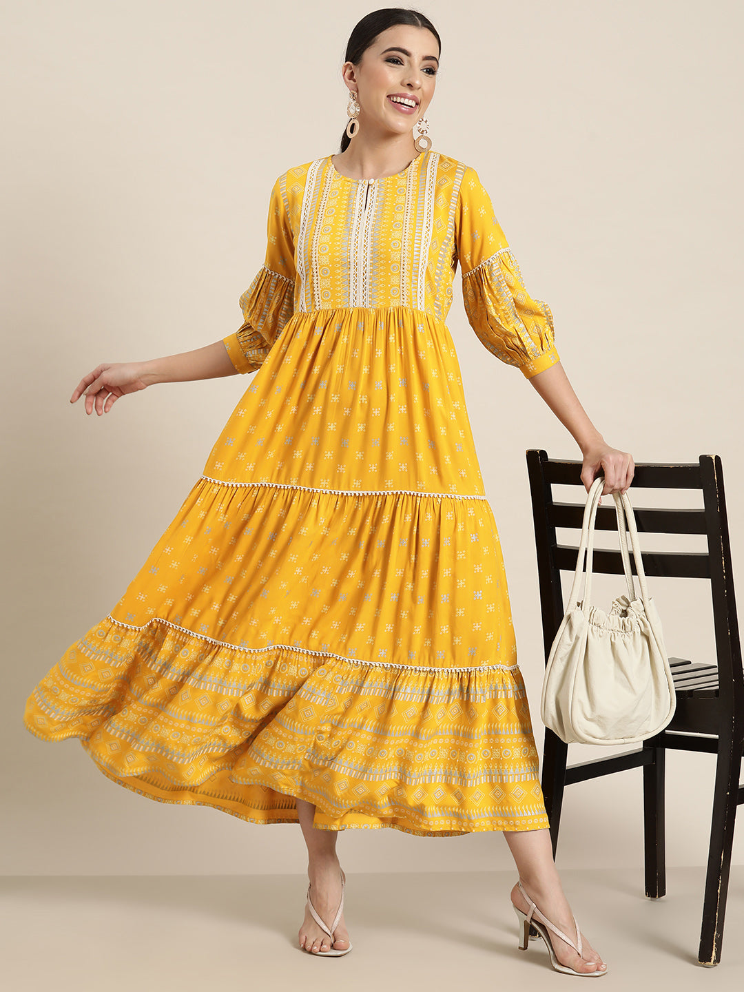 Juniper Mustard Geometric Printed Rayon Tiered Maxi Dress With Buttons & Lace - Distacart